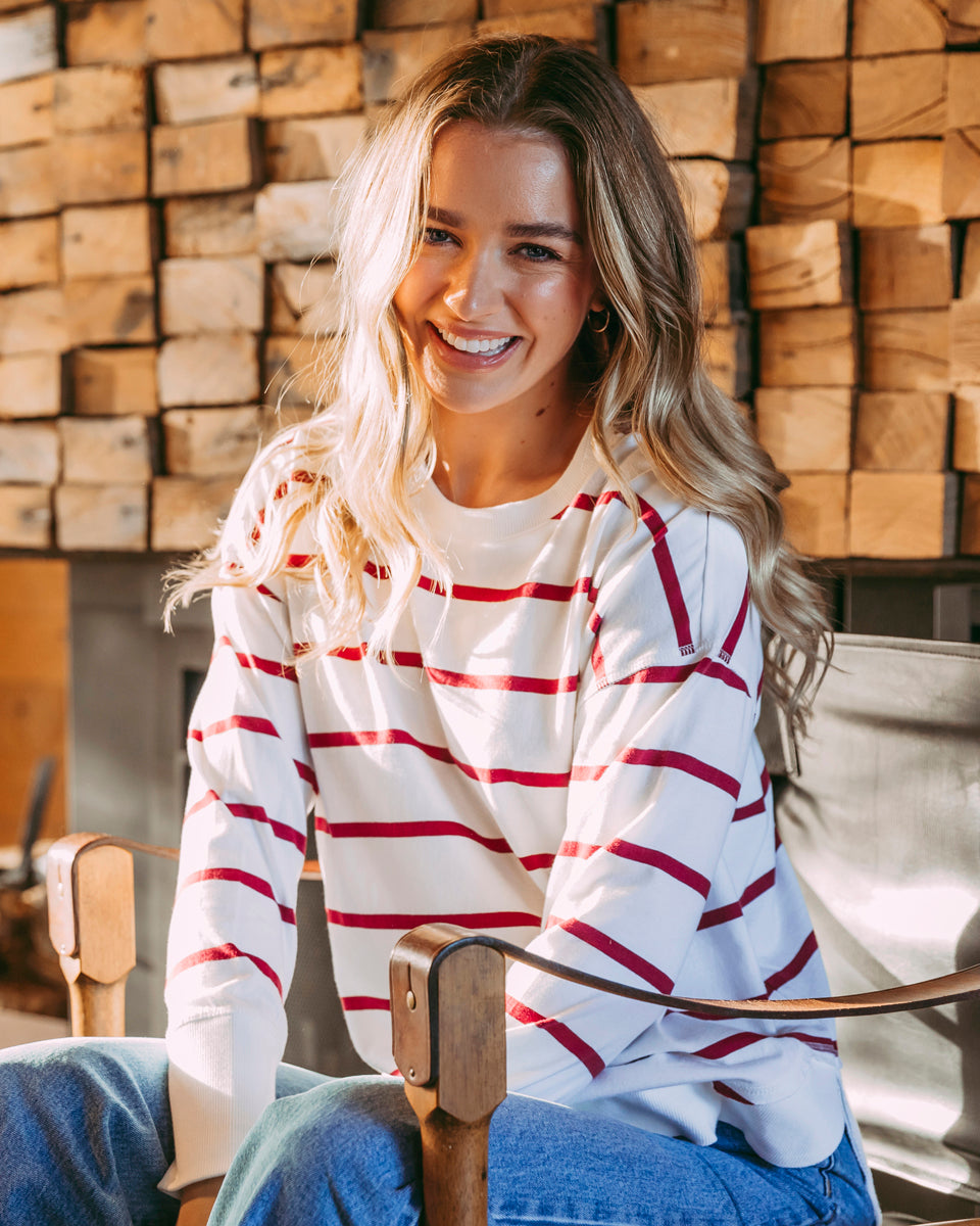 Foxwood - Farrah Stripe Long Sleeve - White with Beetroot Red