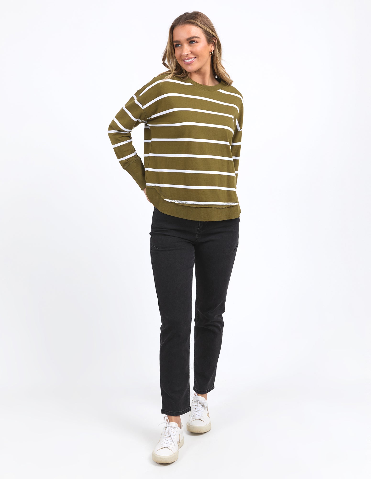 Foxwood - Farrah Stripe Long Sleeve - Olive with White Stripe