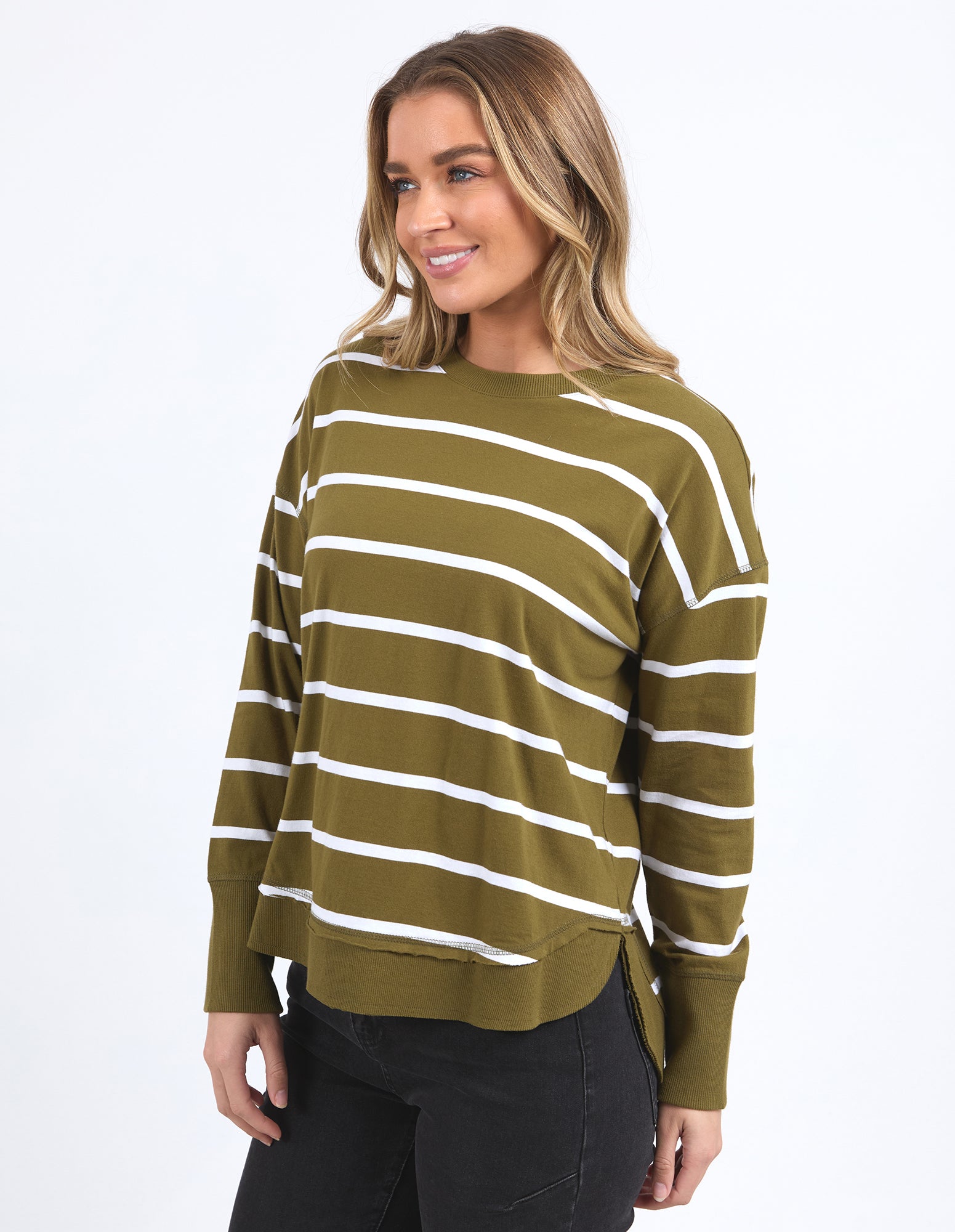 Foxwood - Farrah Stripe Long Sleeve - Olive with White Stripe
