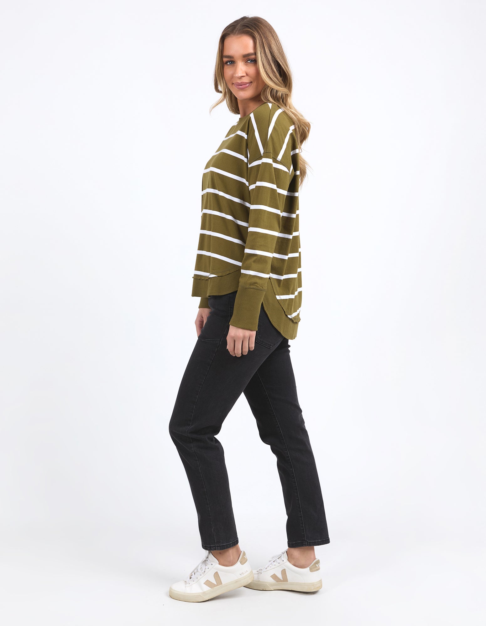 Foxwood - Farrah Stripe Long Sleeve - Olive with White Stripe