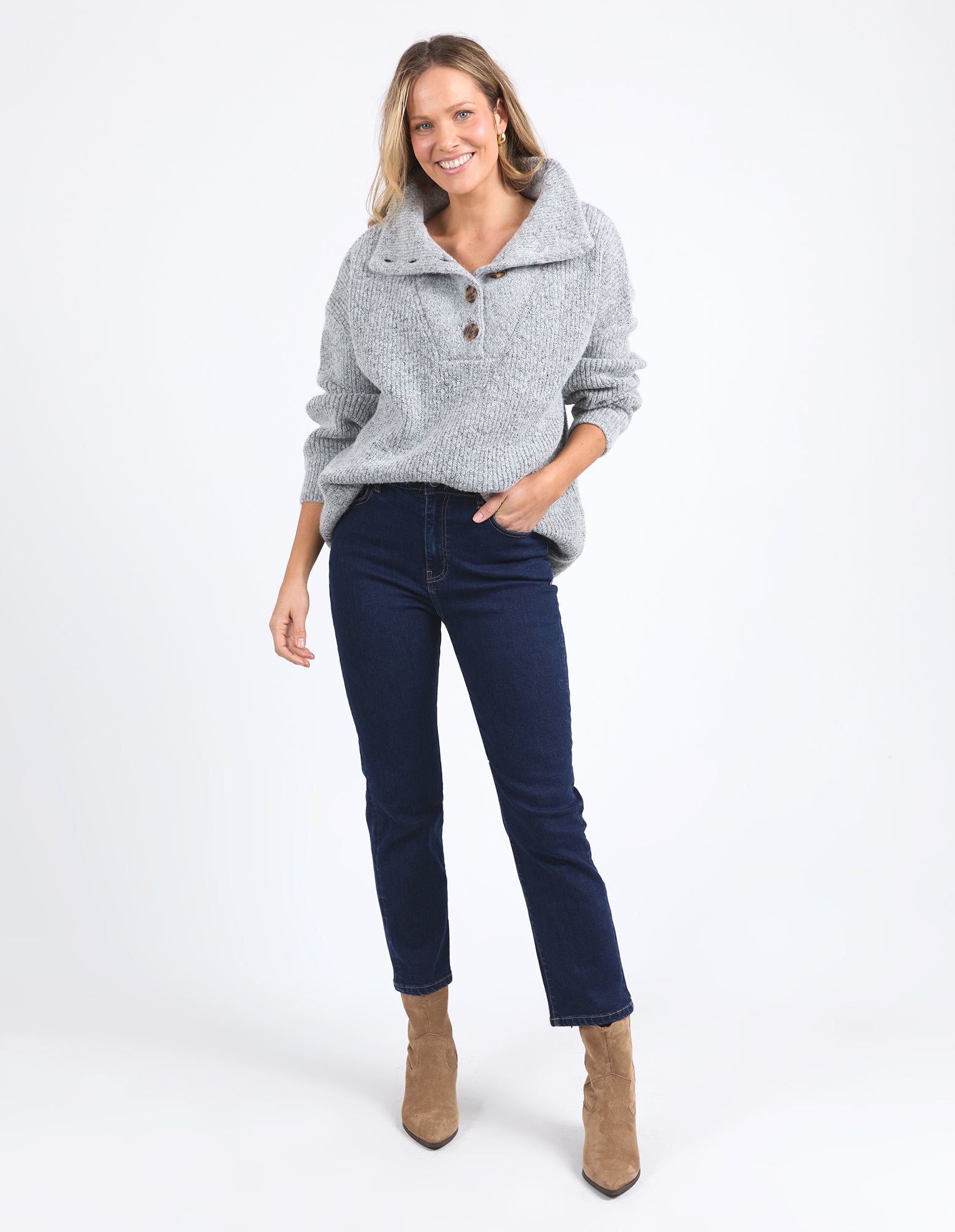 Elm - Bron Button Knit - Grey Marle