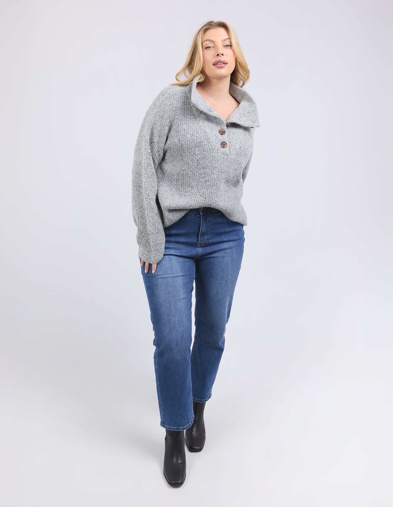 Elm - Bron Button Knit - Grey Marle