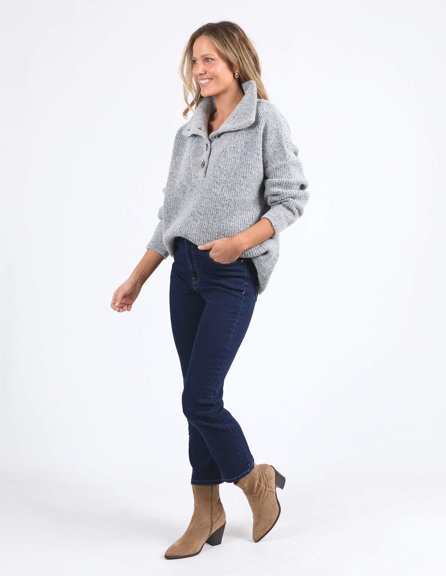 Elm - Bron Button Knit - Grey Marle