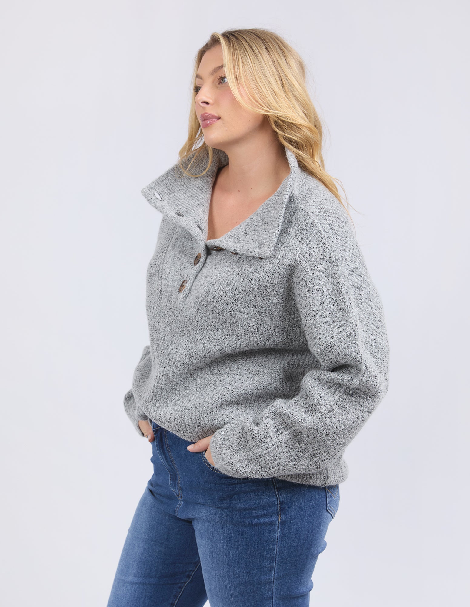 Elm - Bron Button Knit - Grey Marle