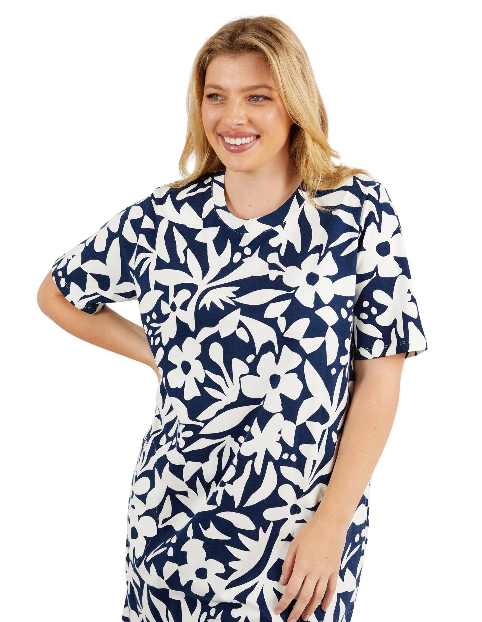 Elm - Stencil Floral Tee Dress - Navy Floral Print