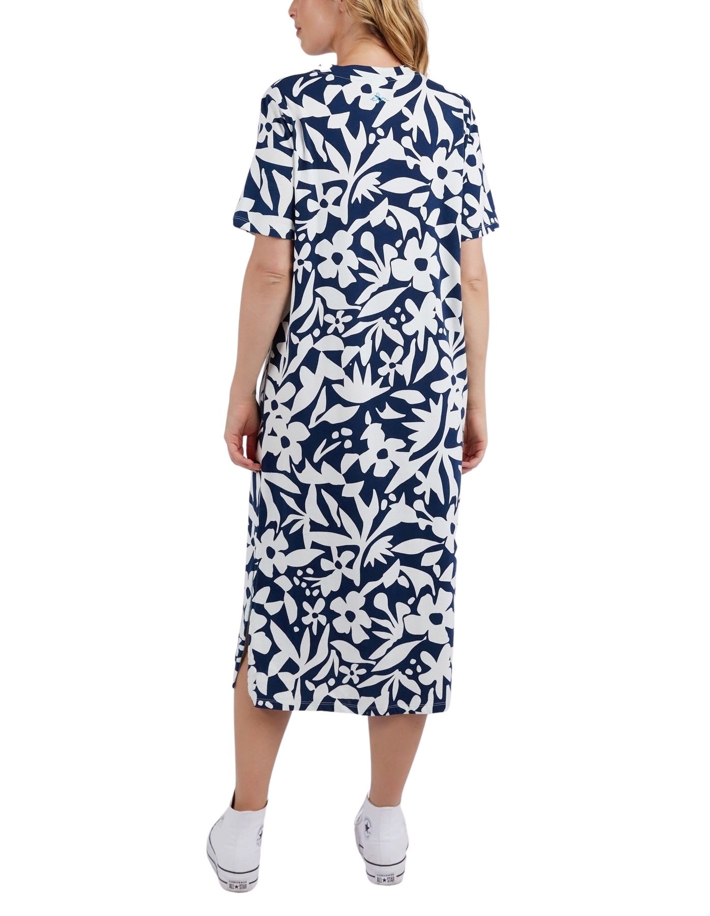 Elm - Stencil Floral Tee Dress - Navy Floral Print