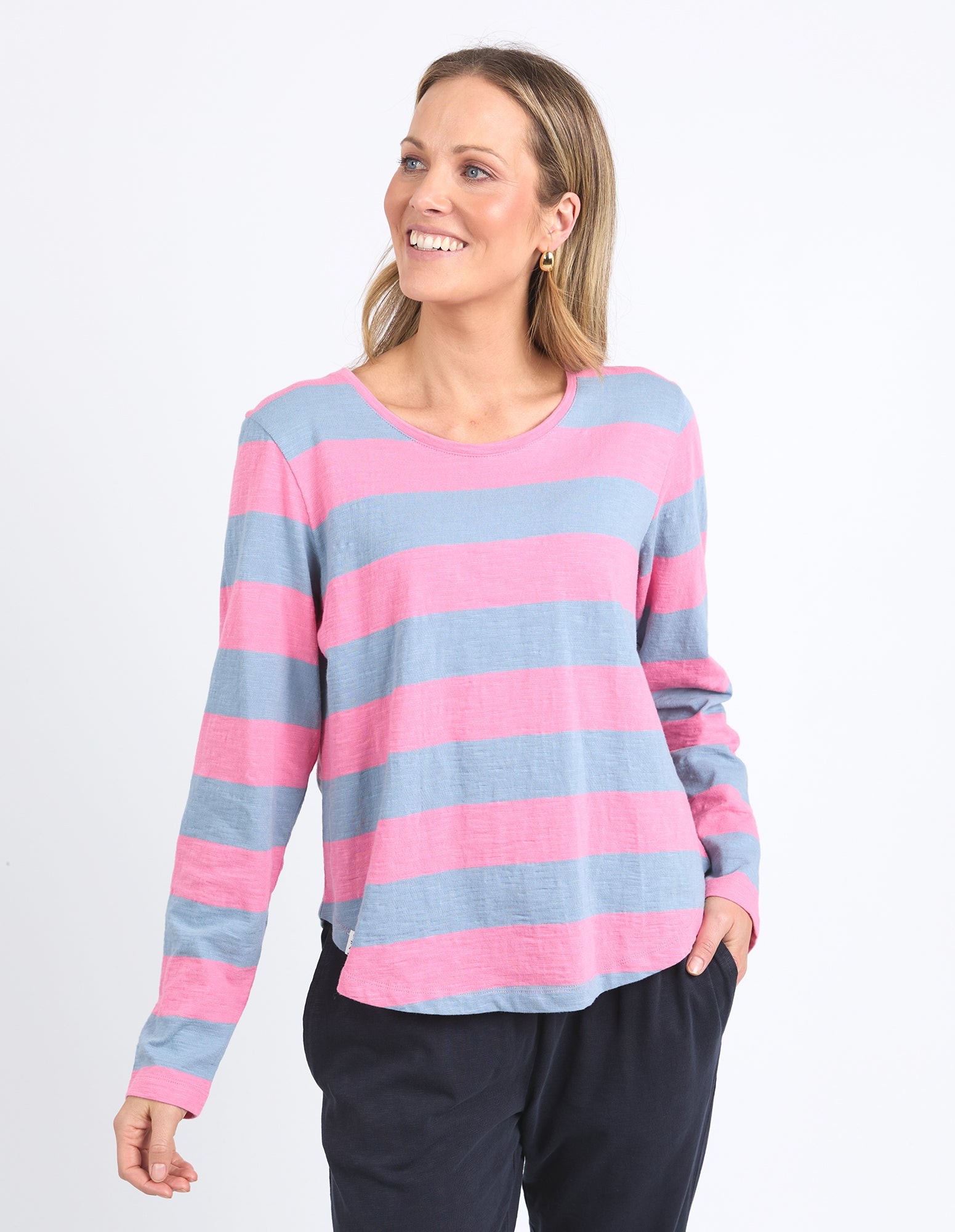 Elm - Spritz Long Sleeve Stripe Tee - Geranium Pink/Steel Blue