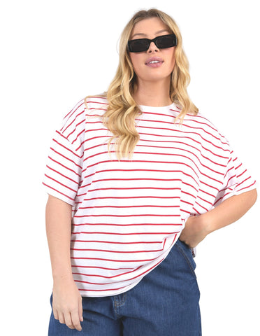 Elm - Winona Australian Cotton Stripe Tee - Bittersweet Red & White