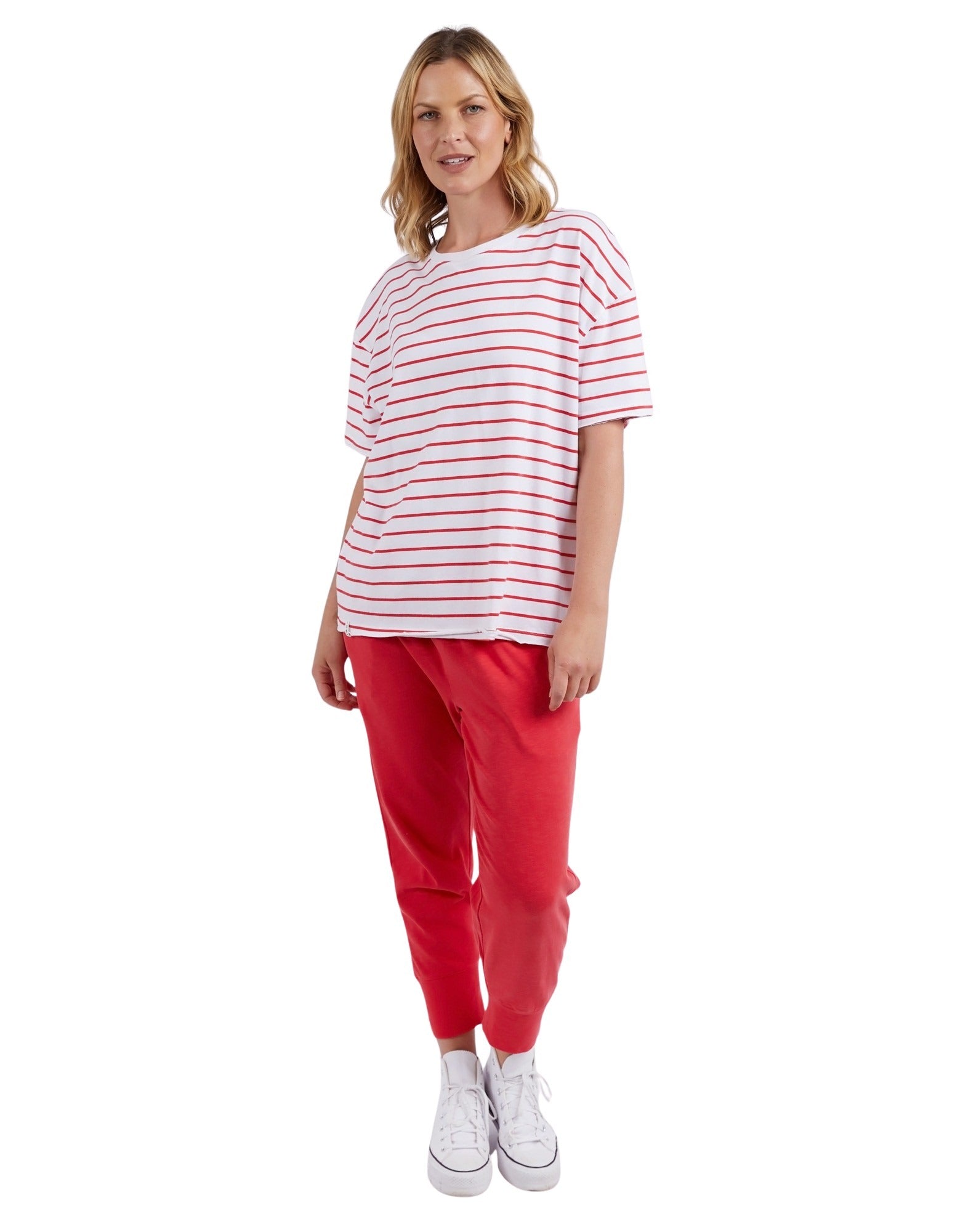 Elm - Winona Australian Cotton Stripe Tee - Bittersweet Red & White