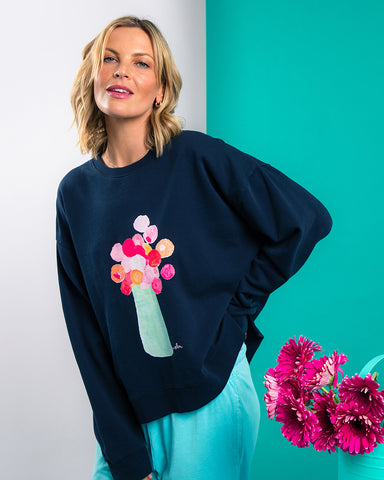 Janey Forbes X Elm - Janey Floral Crew - Sapphire