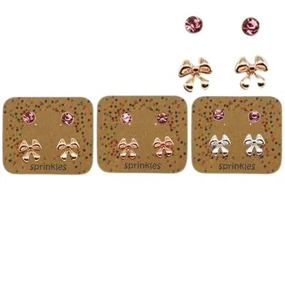 Ear Mints - Sprinkles Bow & Cubic Stud 4 Piece Earring Set Pink