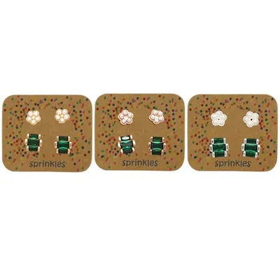 Ear Mints - Sprinkles Flower & Deco Rectangle Stud Earrings - Emerald