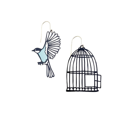 Denz & Co - Birdcage & Bird Earrings - Black / Duck Egg Blue