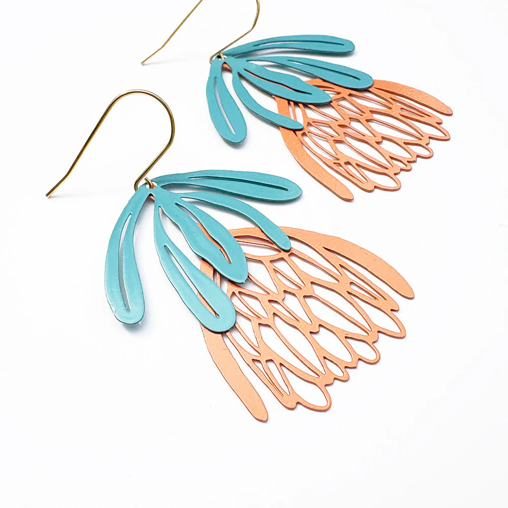 Denz & Co - Protea Flower Dangle Earrings - Teal/Orange